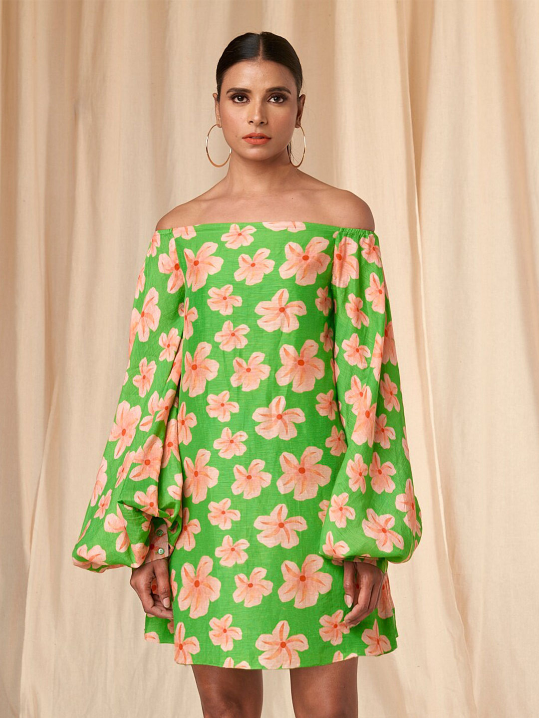 

Masaba Kat Flower Passion Off Shoulder Short Dress, Green