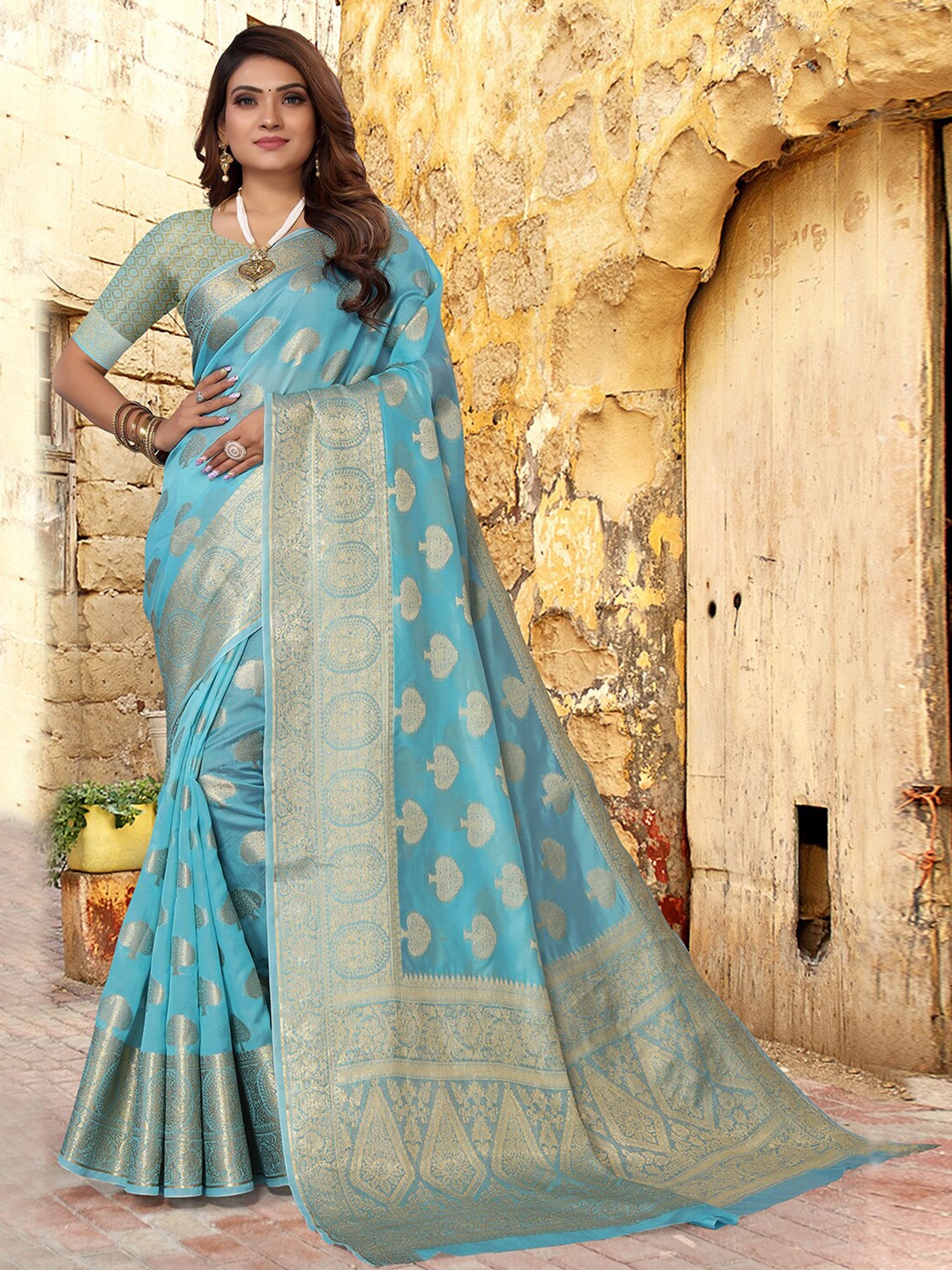 

Pisara Ethnic Motifs Woven Design Zari Organza Saree, Turquoise blue