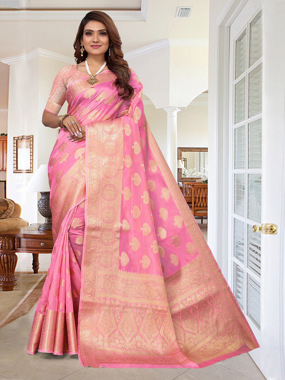 

Pisara Ethnic Motifs Woven Design Zari Organza Saree, Pink