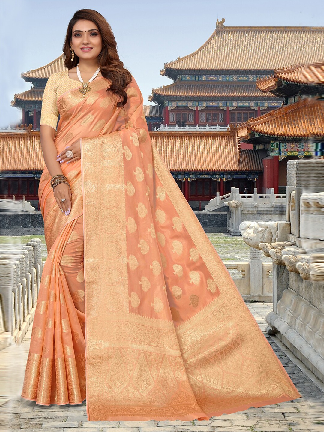 

Pisara Ethnic Motifs Woven Design Organza Saree, Peach