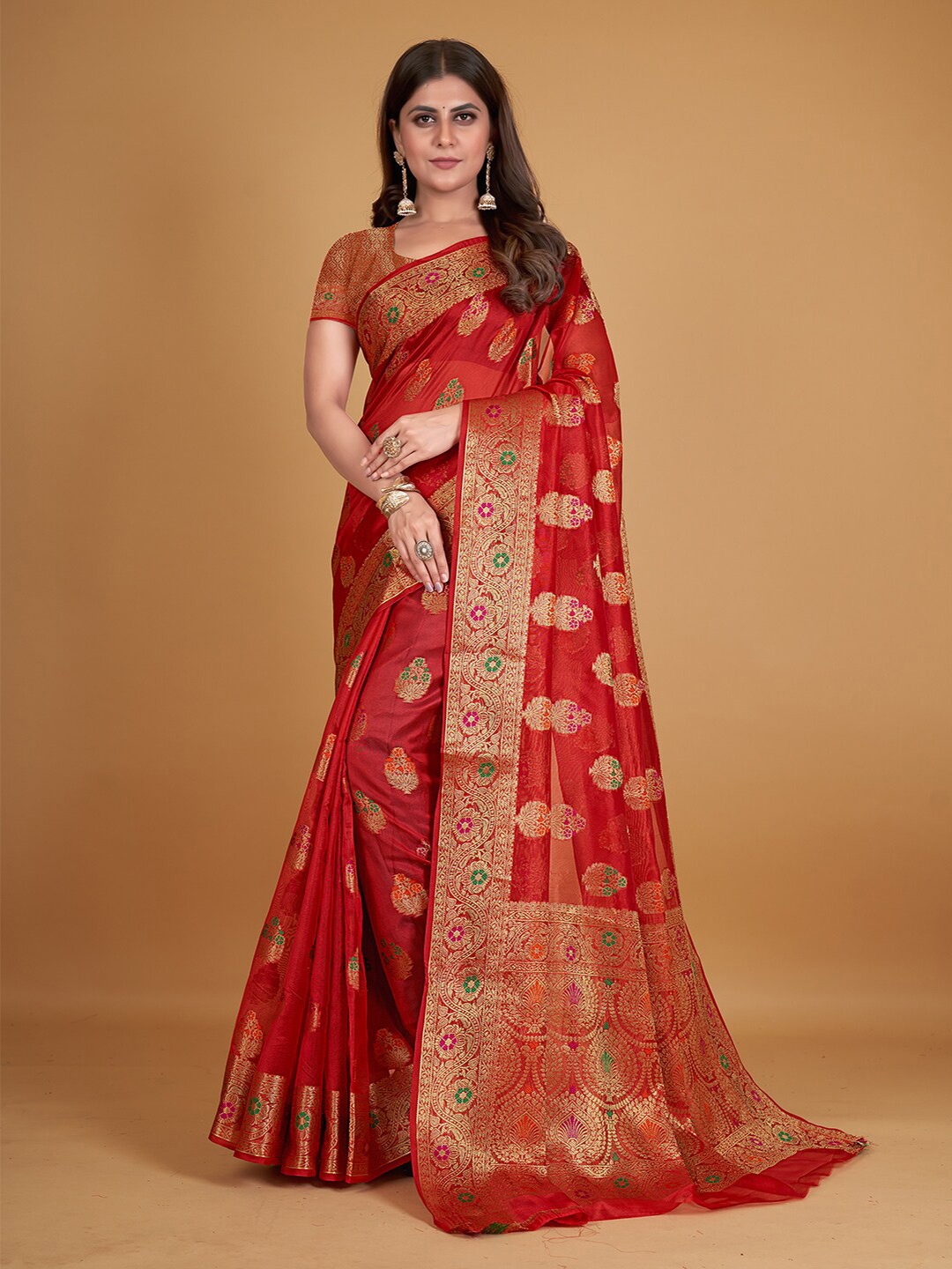 

Pisara Red & Gold-Toned Woven Design Zari Organza Saree