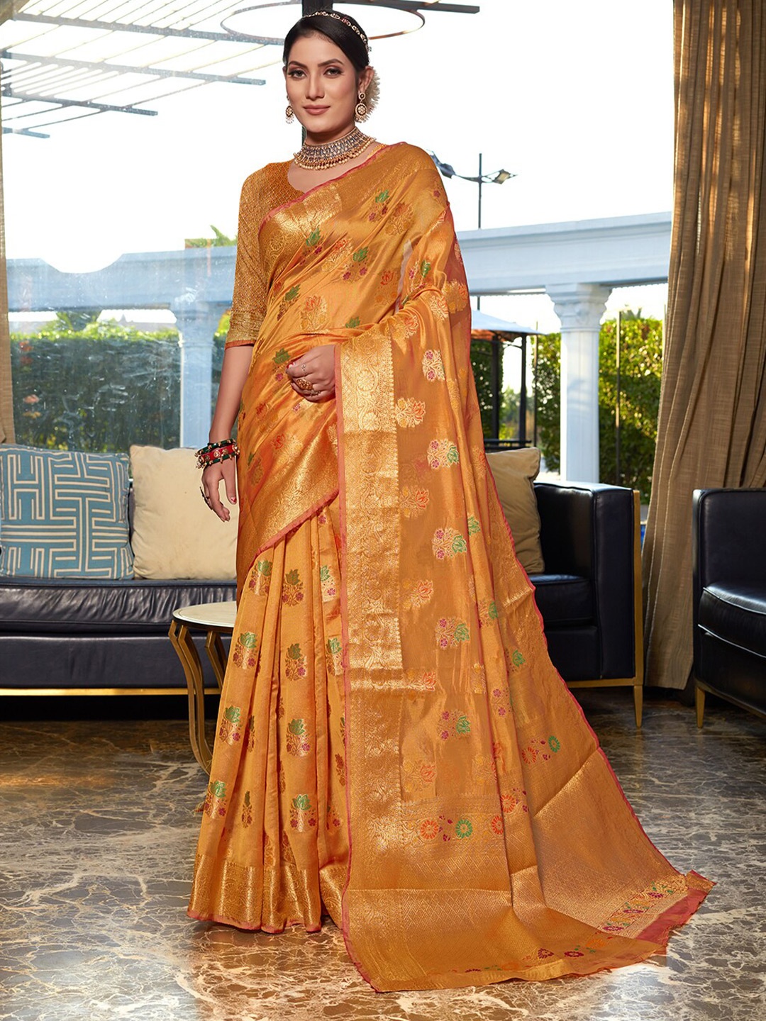 

Pisara Ethnic Motifs Woven Design Organza Saree, Orange
