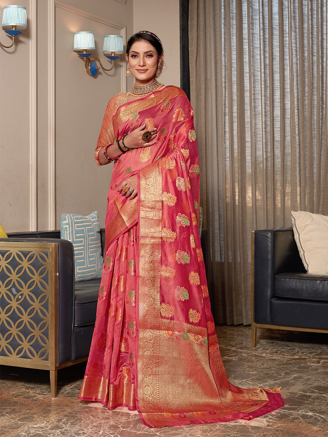 

Pisara Ethnic Motifs Woven Design Zari Organza Saree, Peach