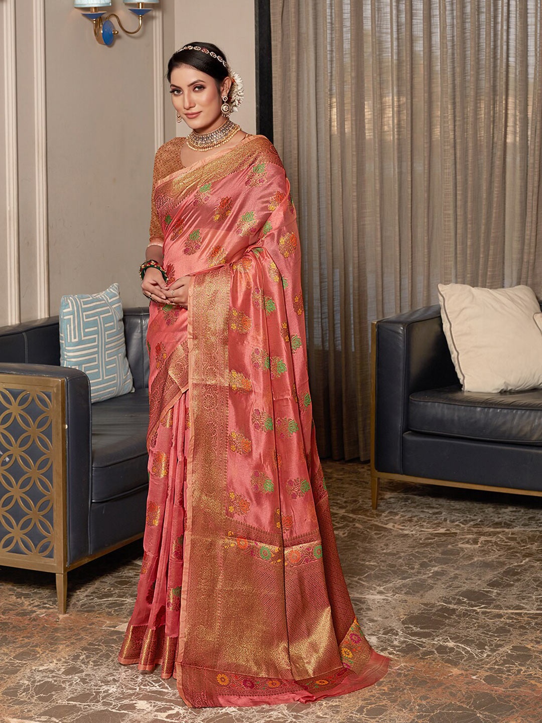 

Pisara Ethnic Motifs Woven Design Zari Organza Saree, Pink