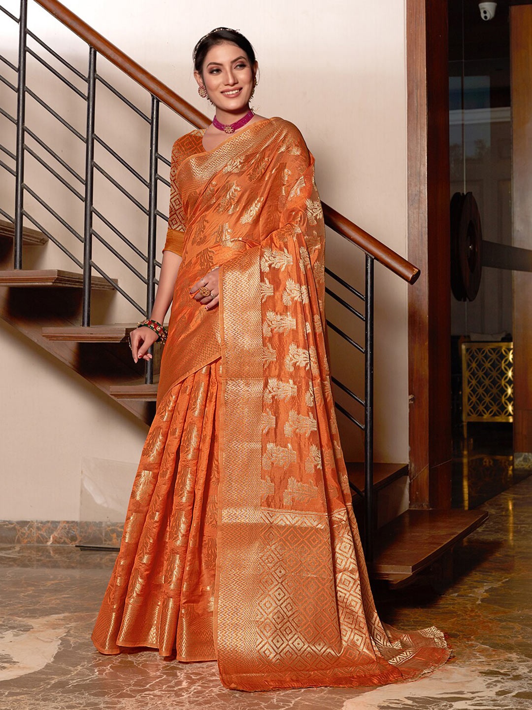 

Pisara Ethnic Motifs Woven Design Zari Organza Saree, Orange