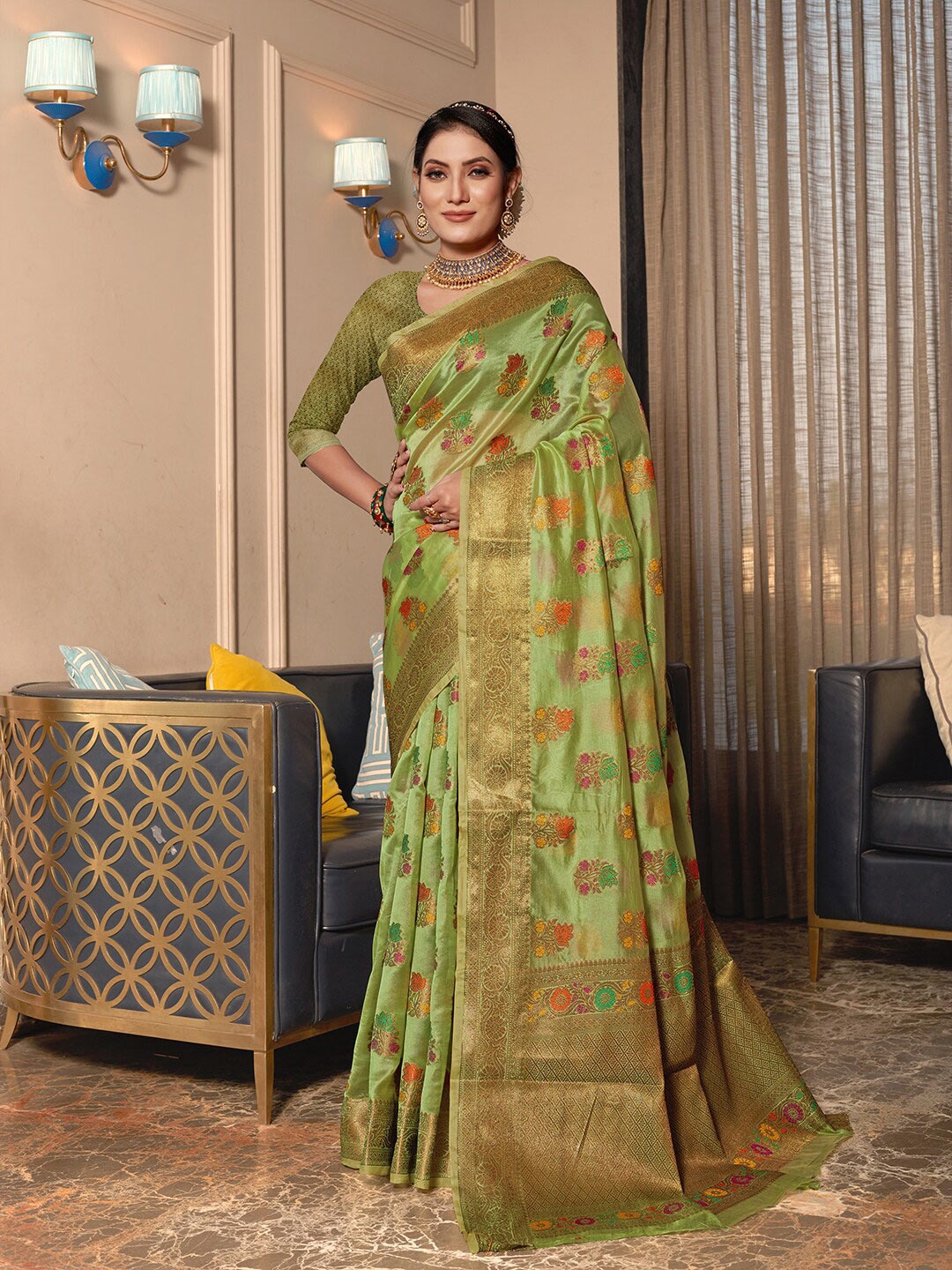 

Pisara Floral Woven Design Zari Organza Saree, Olive