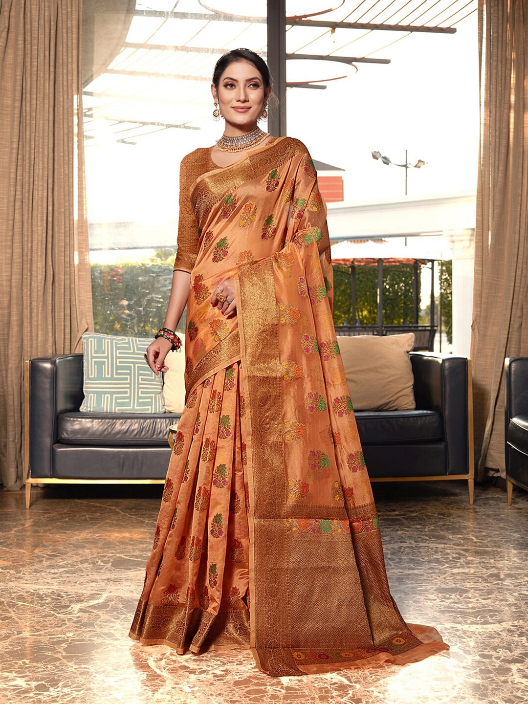 

Pisara Ethnic Motifs Woven Design Zari Organza Saree, Rust