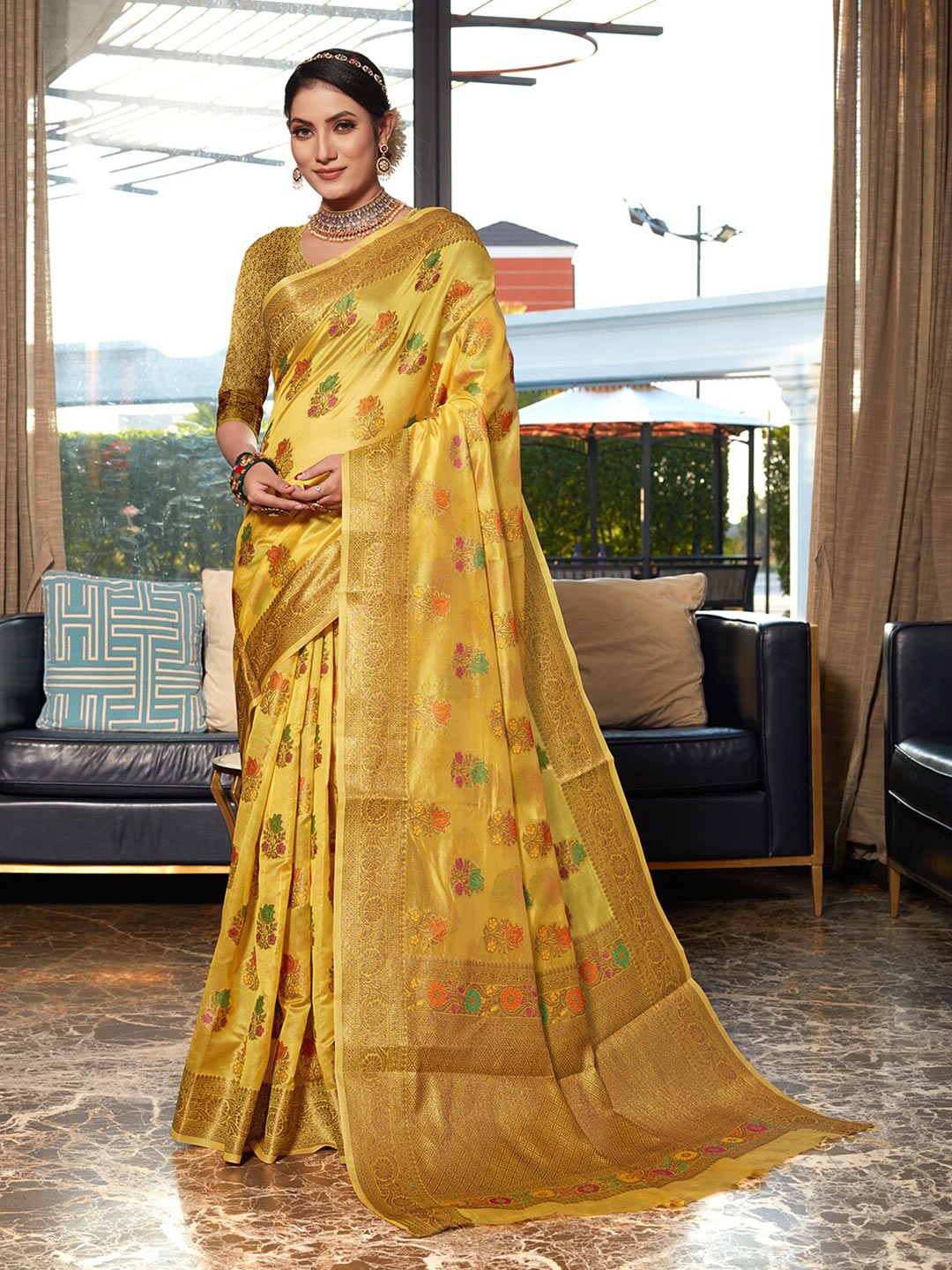 

Pisara Ethnic Motifs Woven Design Zari Organza Saree, Yellow