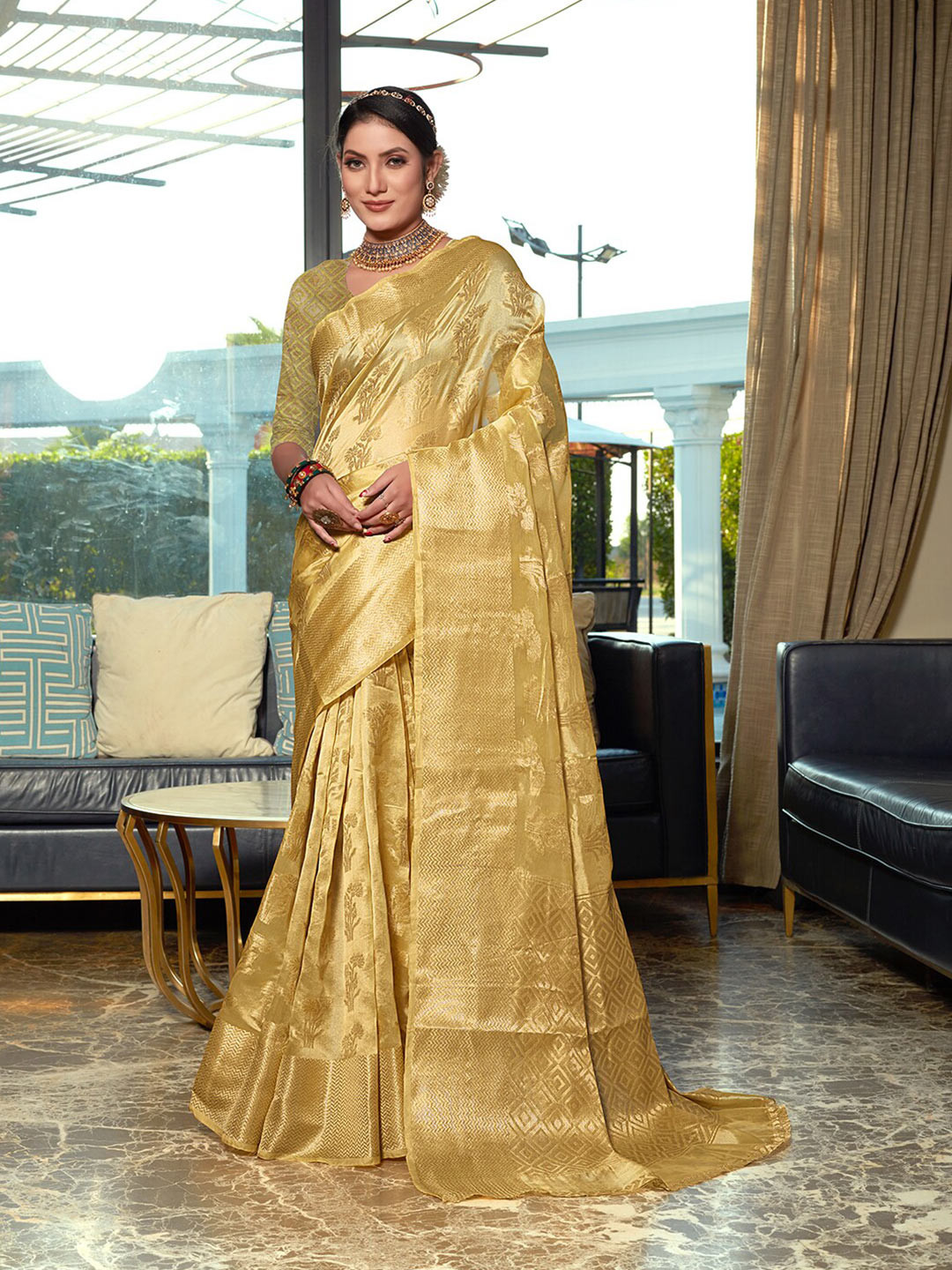 

Pisara Ethnic Motifs Woven Design Zari Organza Saree, Beige