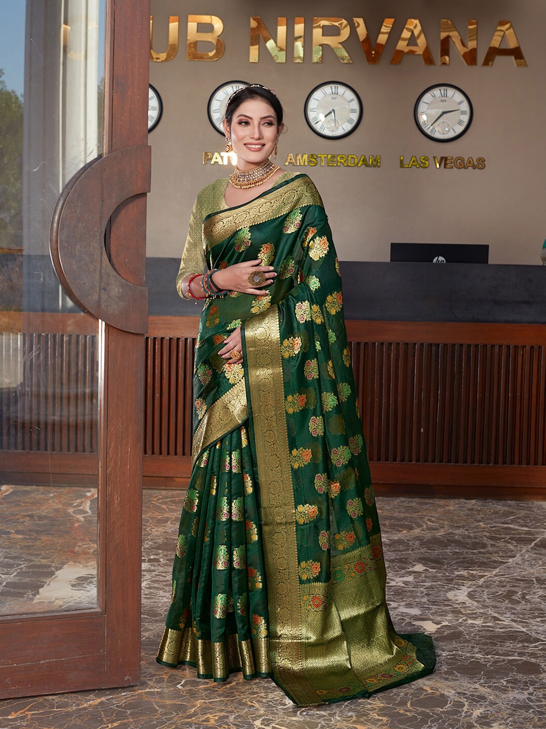 

Pisara Ethnic Motifs Woven Design Zari Organza Saree, Green