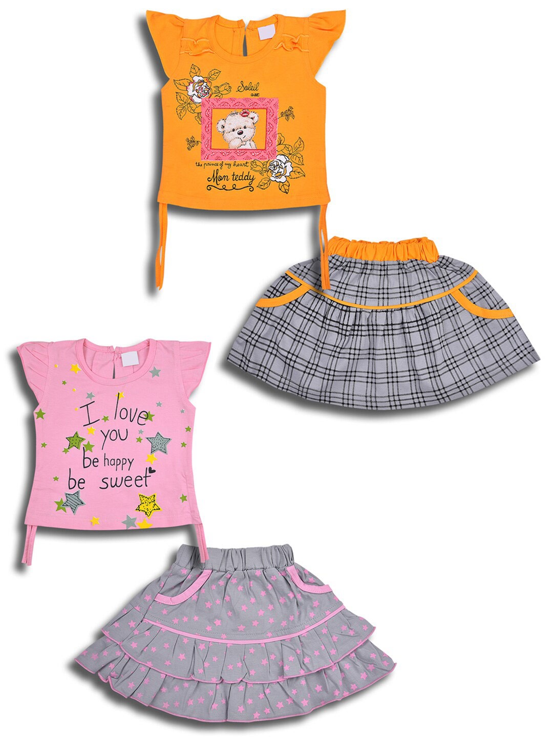 

Wish Karo Infant Girls Pack Of 2 Printed Pure Cotton Top With Skirt, Pink