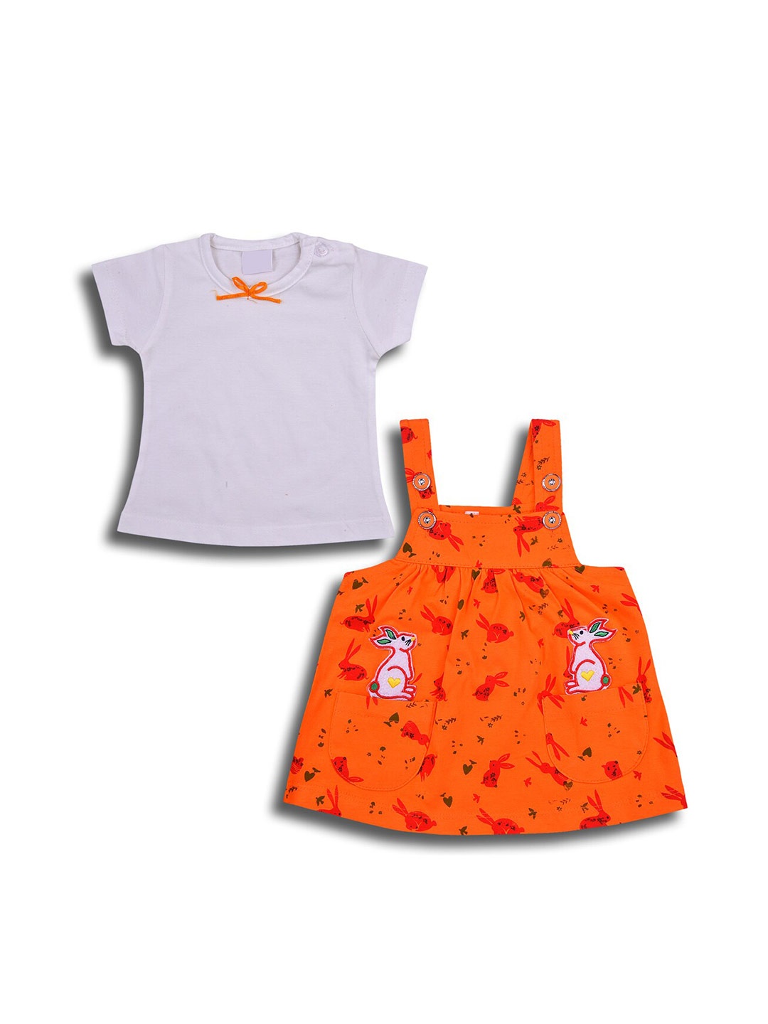 

Wish Karo Infant Girls Printed Pure Cotton Top with Skirt, Orange