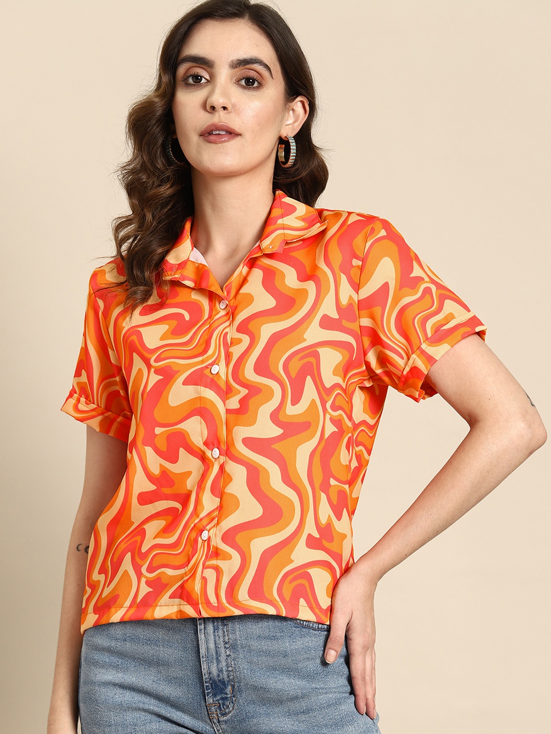 

all about you Women Abstract Printed Shirt, Orange