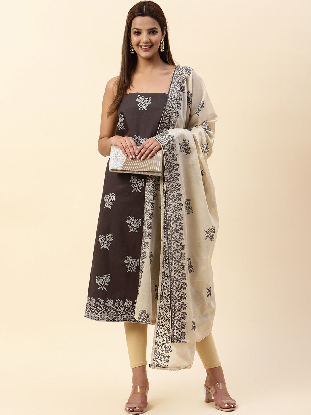 

Meena Bazaar Floral Printed Unstitched Dress Material, Grey