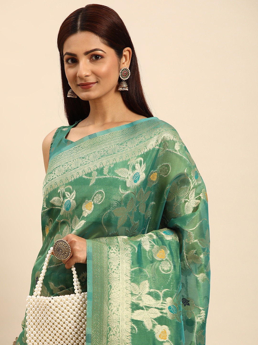 

HERE&NOW Floral Zari Organza Banarasi Saree, Green