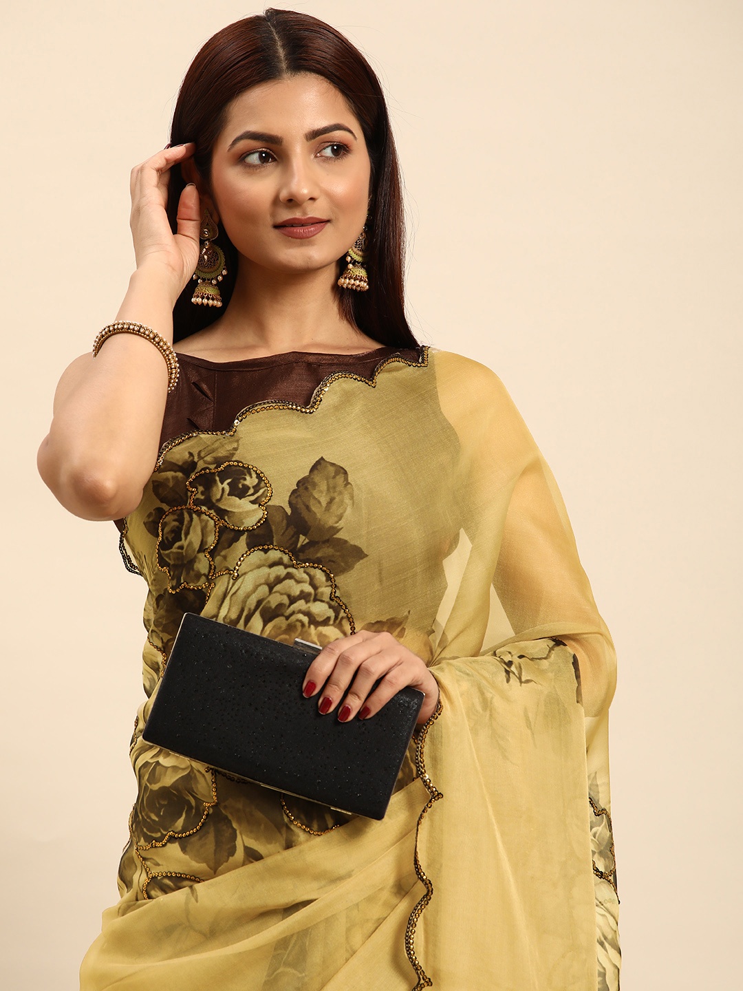 

HERE&NOW Floral Sequinned Organza Saree, Beige