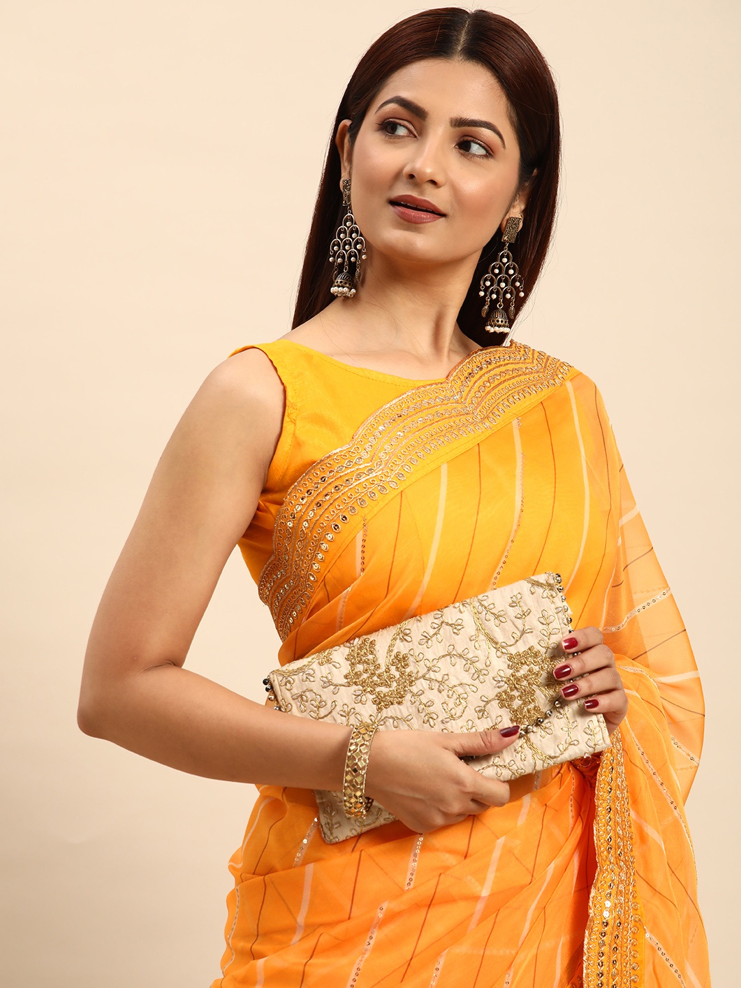 

HERE&NOW Striped Sequinned Organza Leheriya Saree, Mustard