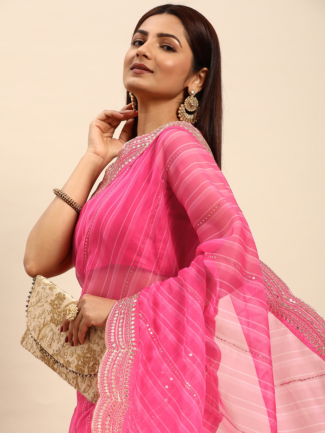 

HERE&NOW Organza Leheriya Saree, Pink