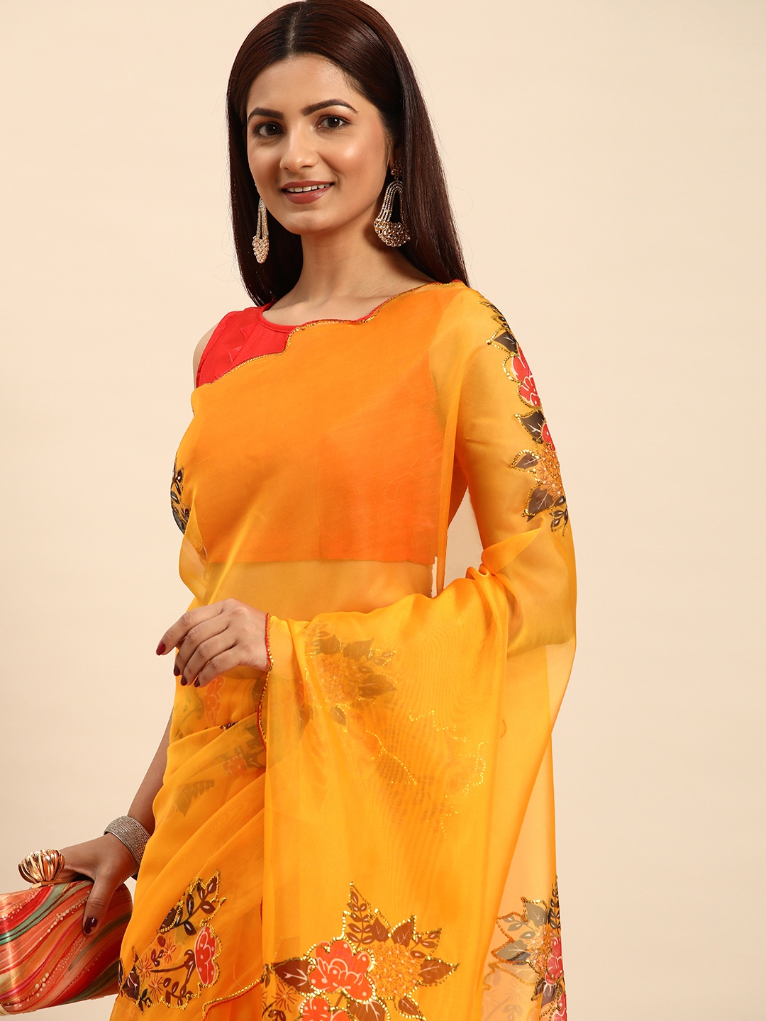 

HERE&NOW Floral Sequinned Organza Saree, Yellow