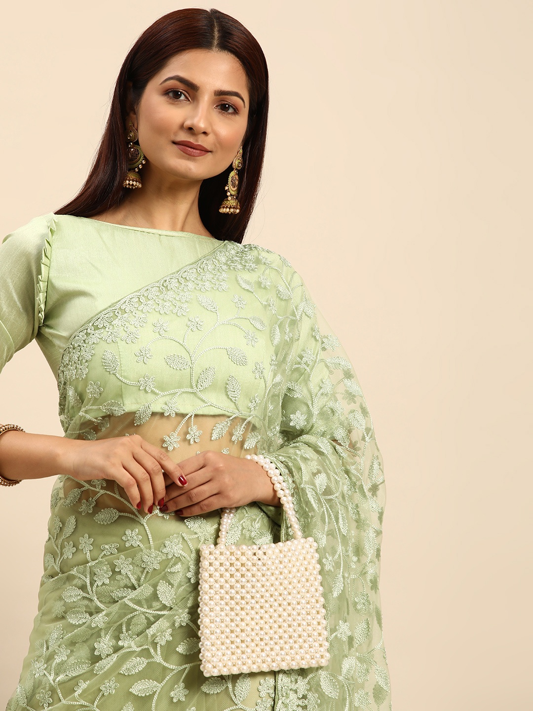 

HERE&NOW Floral Net Chikankari Designer Saree, Green