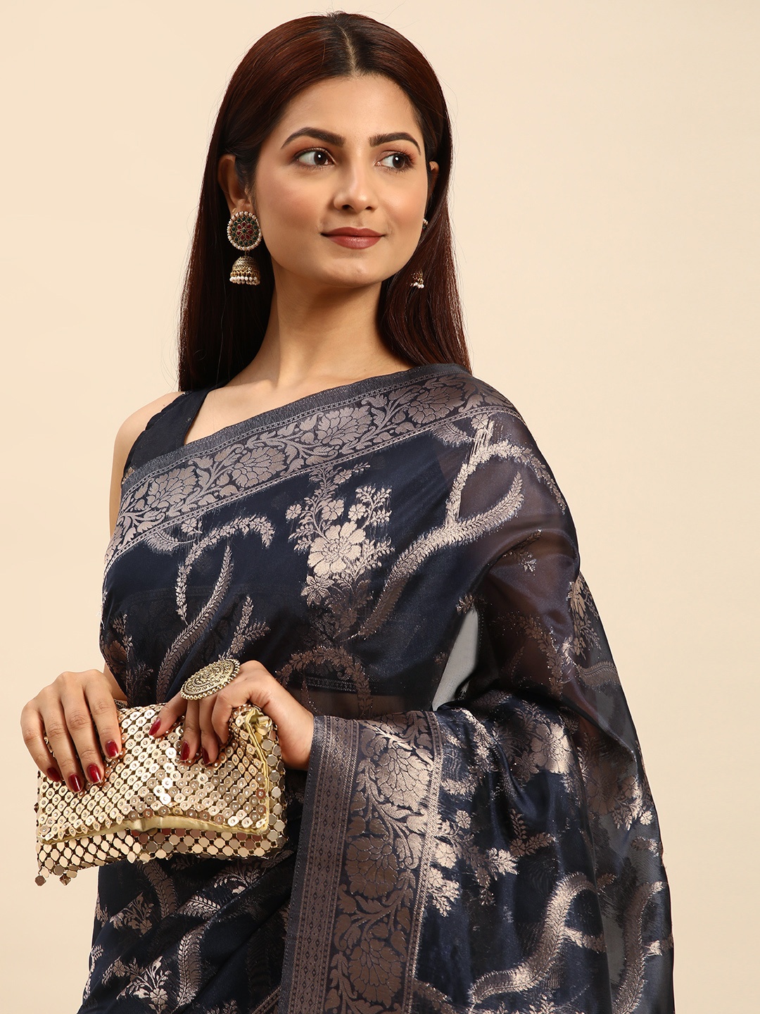 

HERE&NOW Floral Zari Organza Banarasi Saree, Navy blue