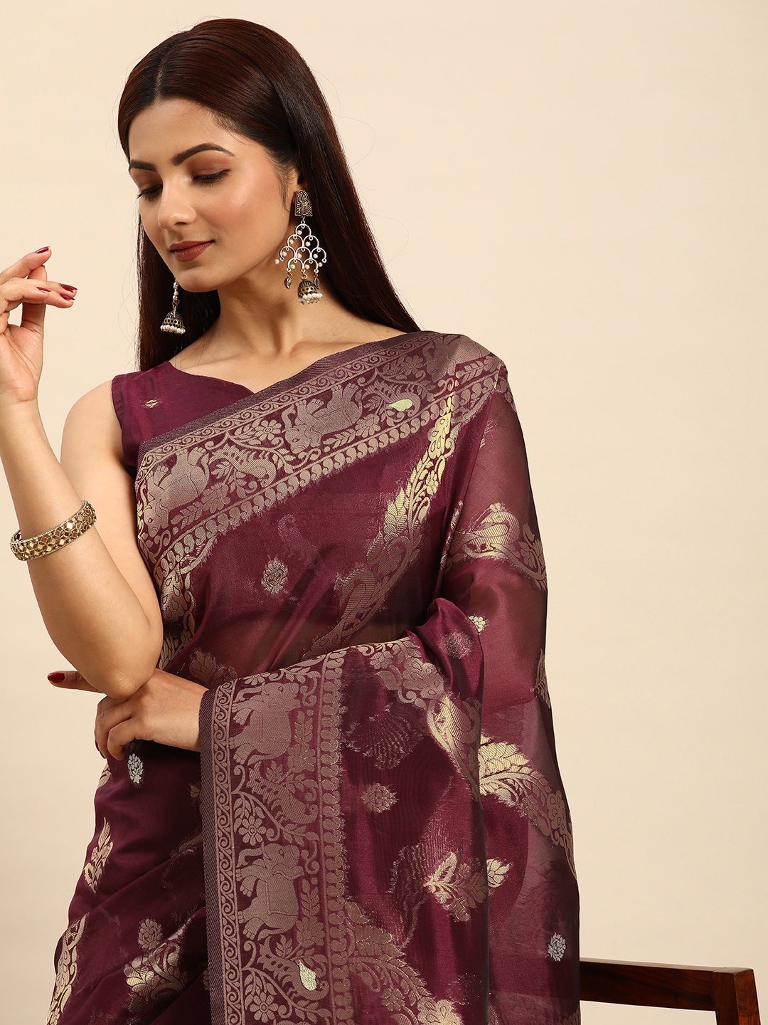 

HERE&NOW Floral Zari Organza Banarasi Saree, Maroon