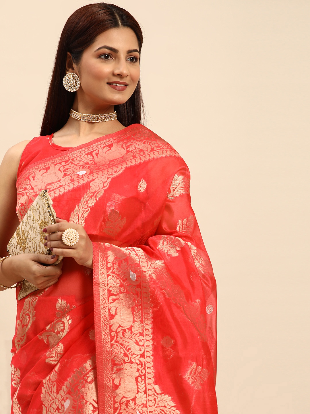 

HERE&NOW Floral Zari Organza Banarasi Saree, Pink