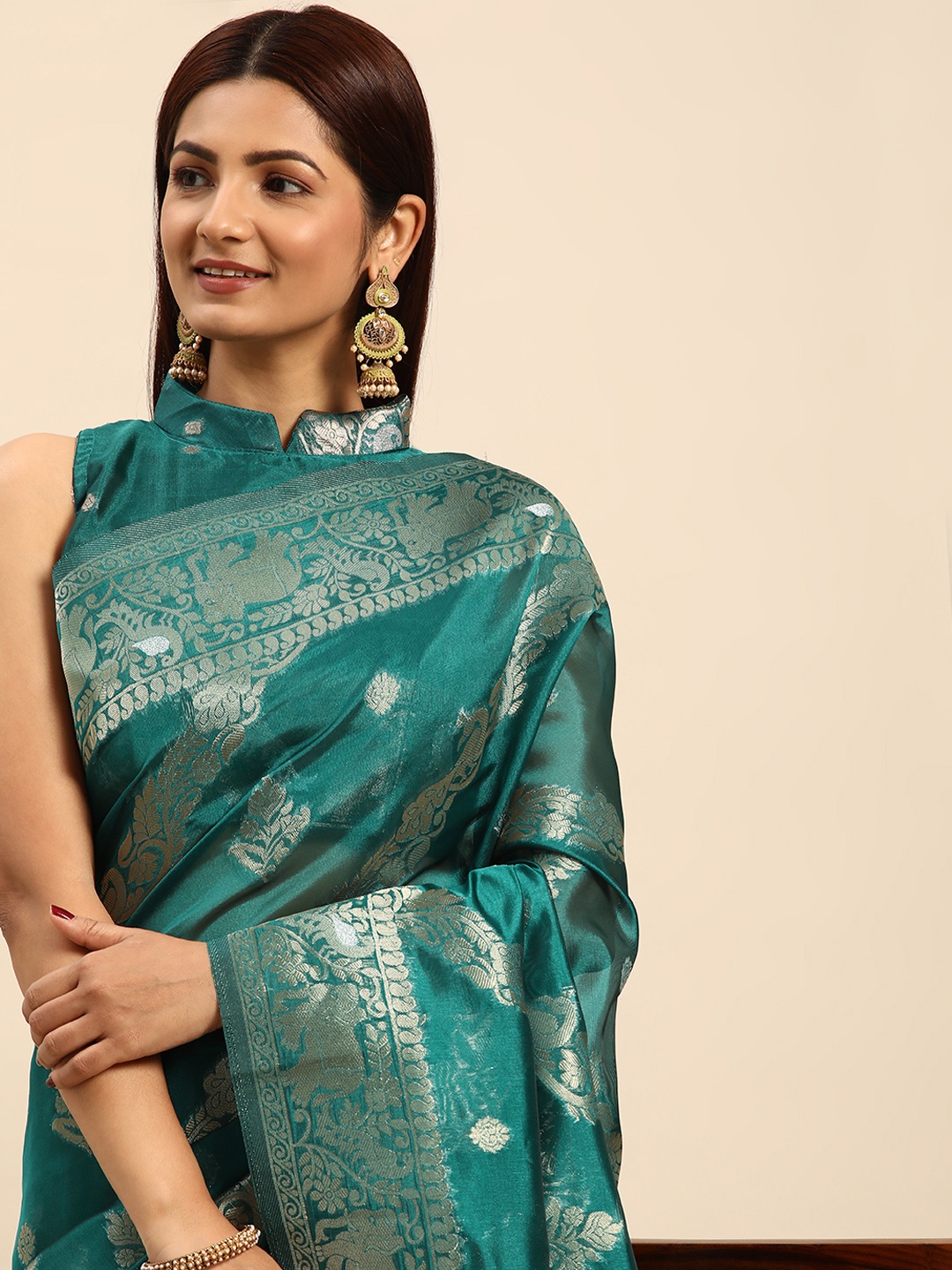 

HERE&NOW Ethnic Motifs Zari Organza Banarasi Saree, Sea green