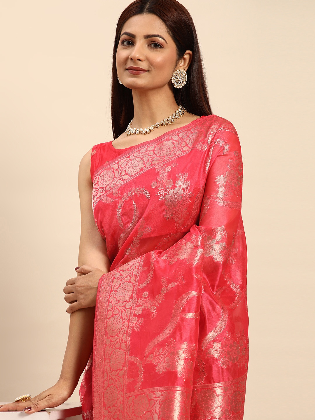 

HERE&NOW Floral Zari Organza Banarasi Saree, Pink