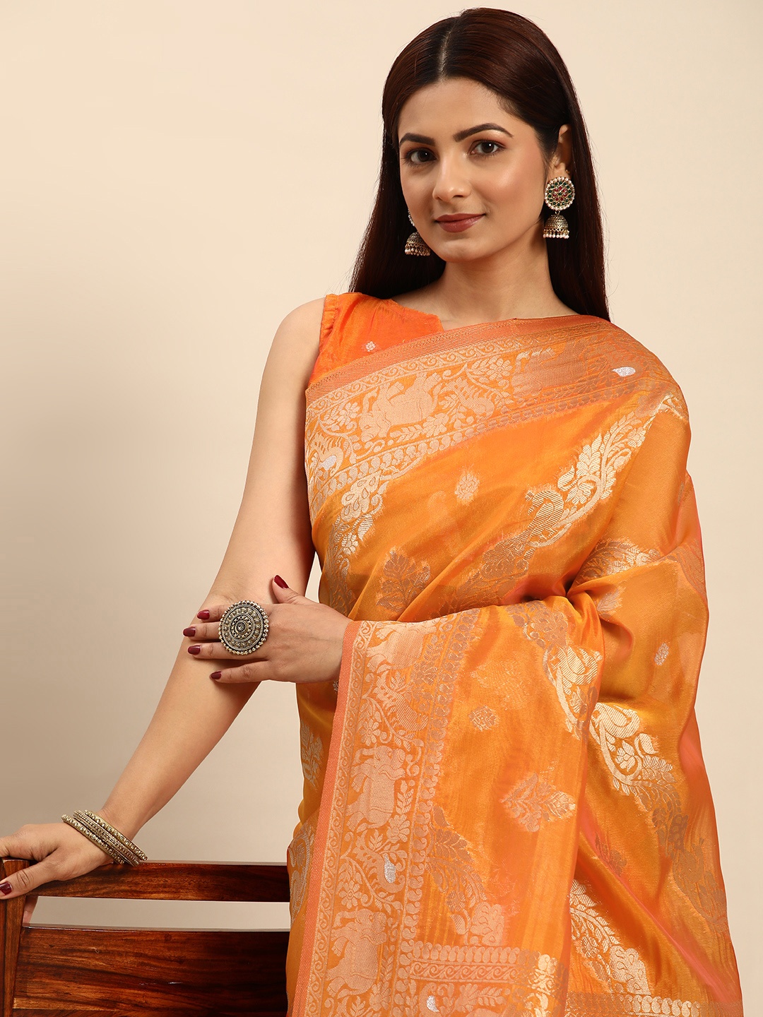 

HERE&NOW Floral Zari Organza Banarasi Saree, Orange