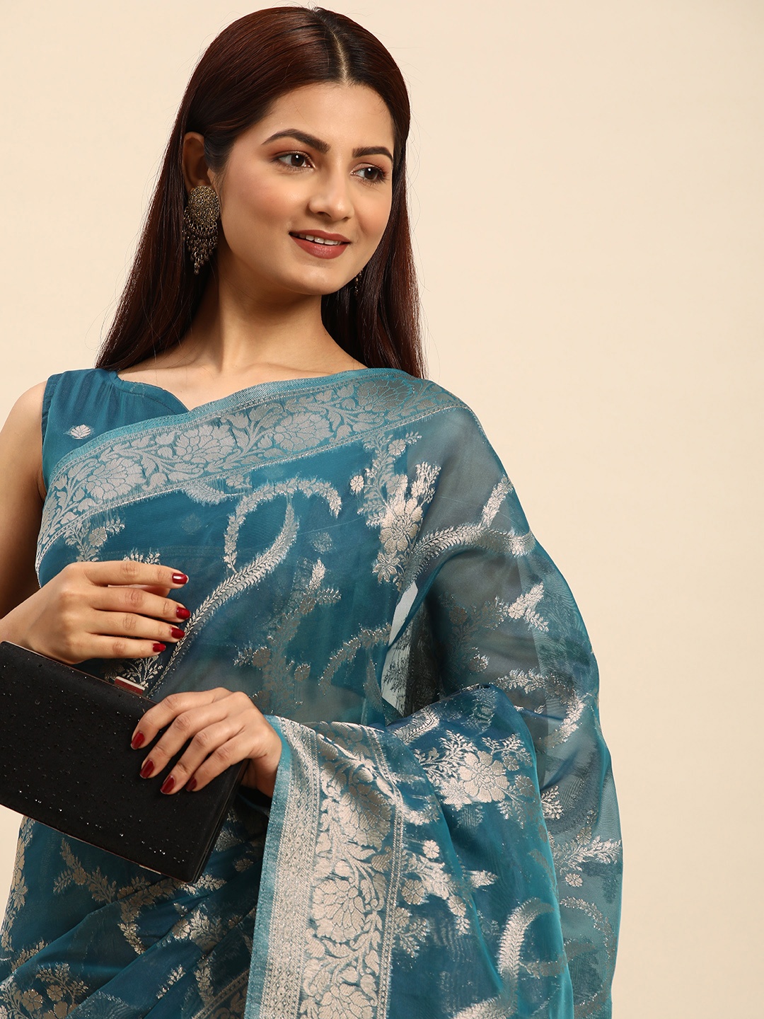 

HERE&NOW Floral Zari Organza Banarasi Saree, Teal