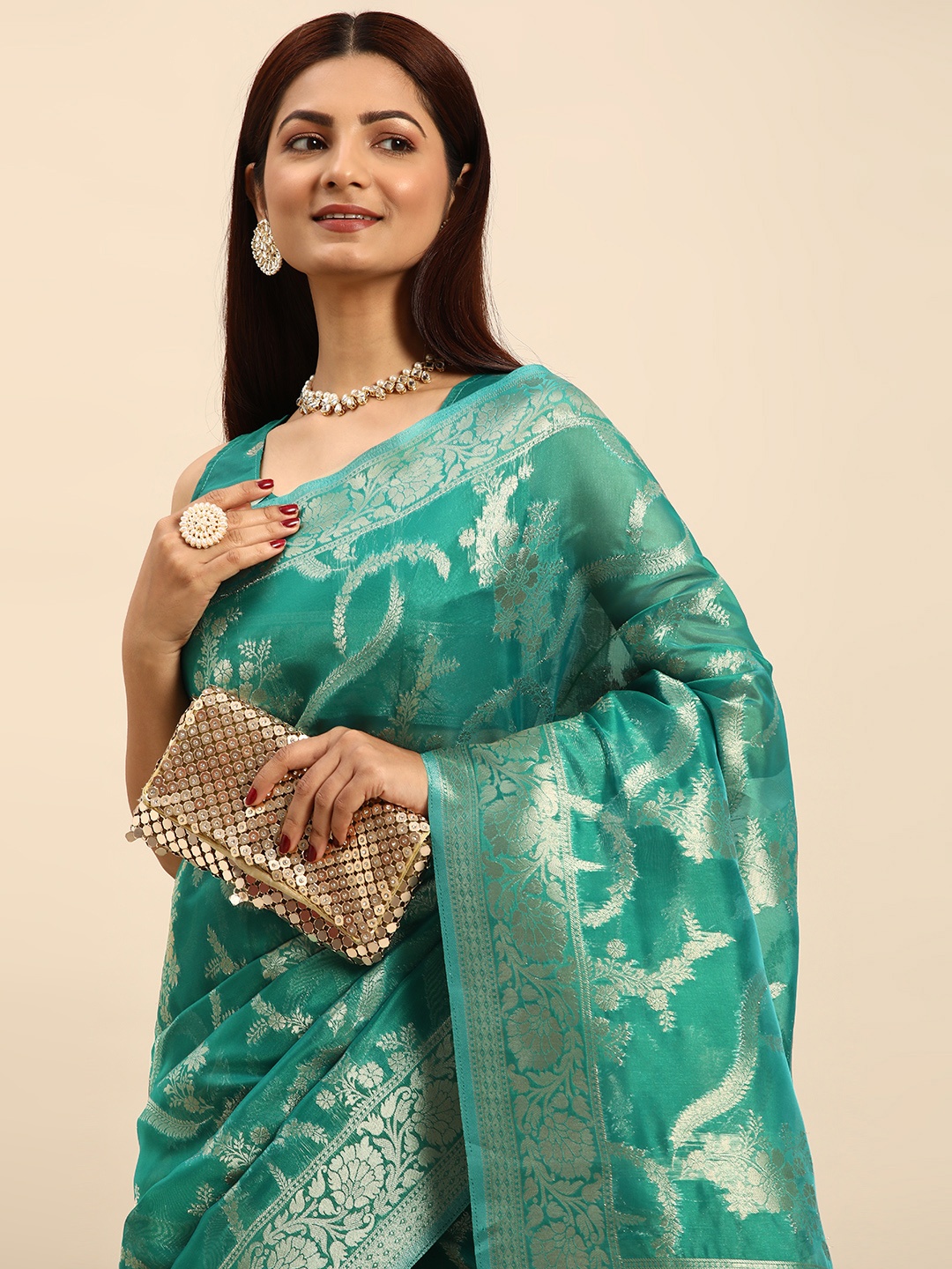

HERE&NOW Floral Zari Organza Banarasi Saree, Sea green