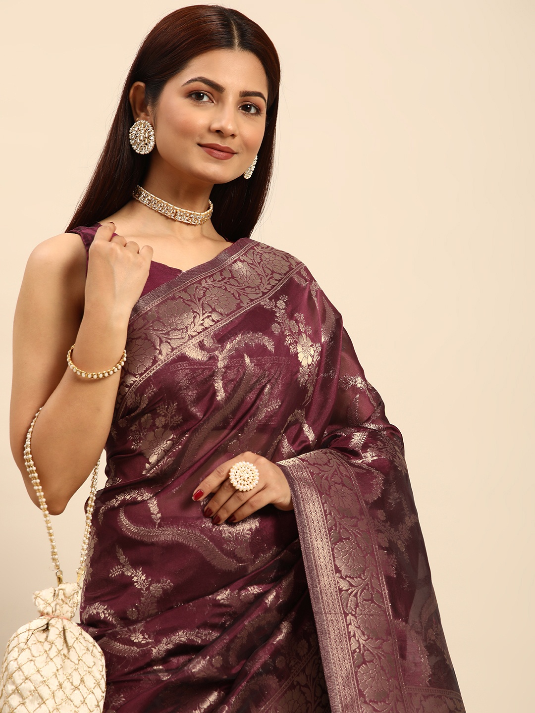 

HERE&NOW Floral Zari Organza Banarasi Saree, Maroon