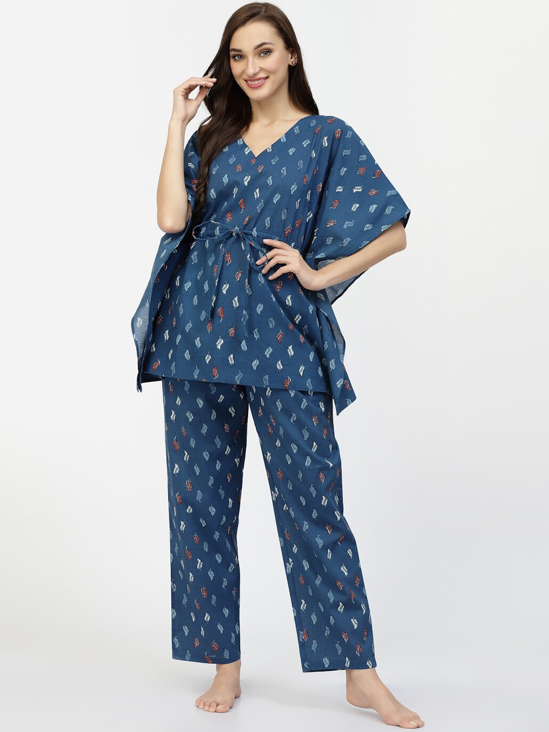 

Sweet Dreams Blue & Red Ethnic Motifs Printed Pure Cotton Kaftan Night Suit
