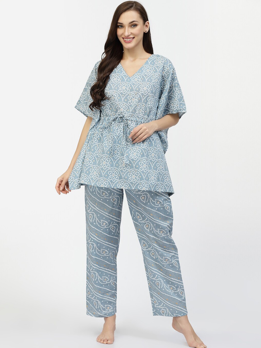

Sweet Dreams Grey & White Ethnic Motifs Printed Pure Cotton Kaftan Night Suit