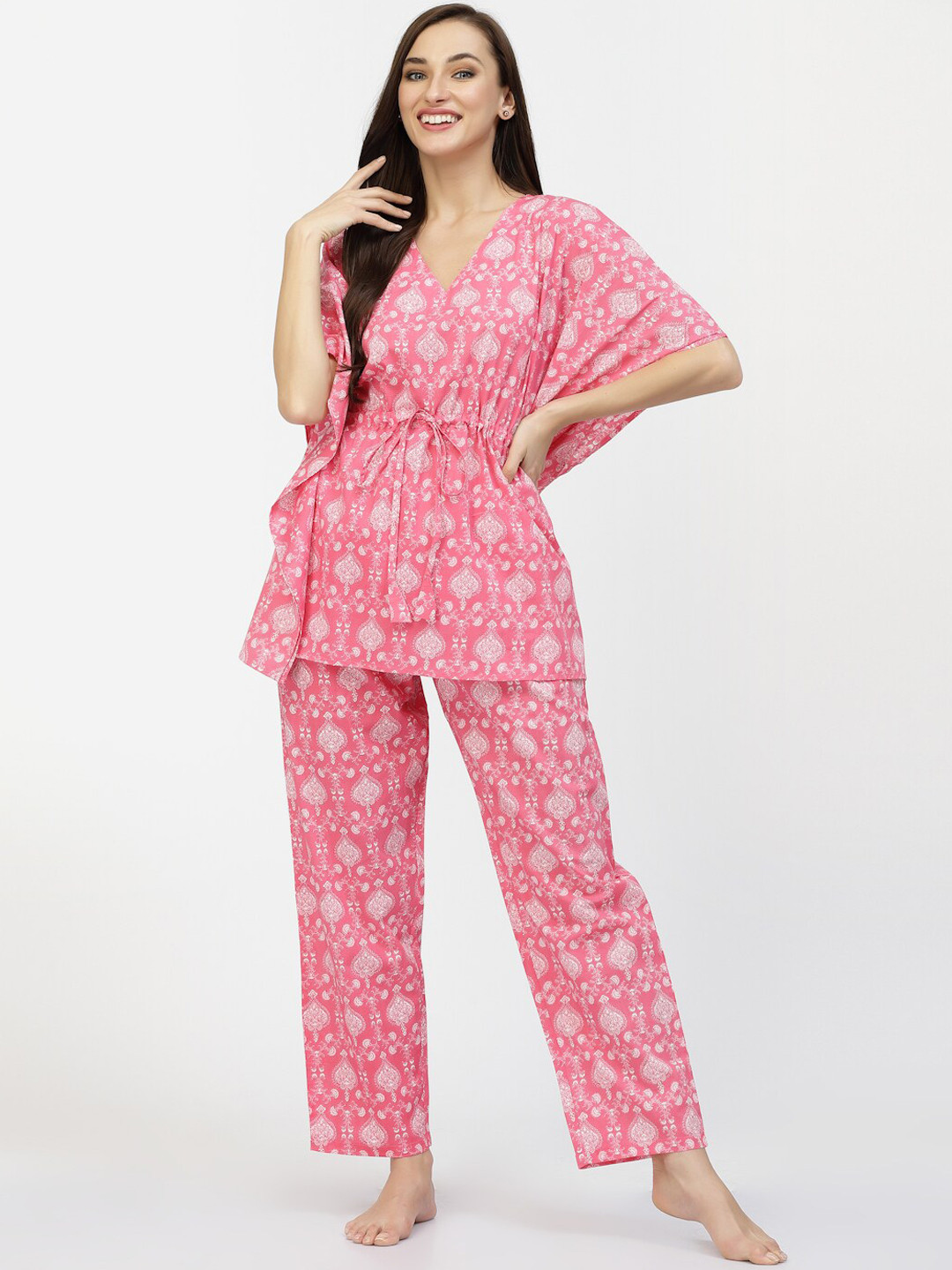 

Sweet Dreams Pink & White Ethnic Motifs Printed Pure Cotton Kaftan Night Suit