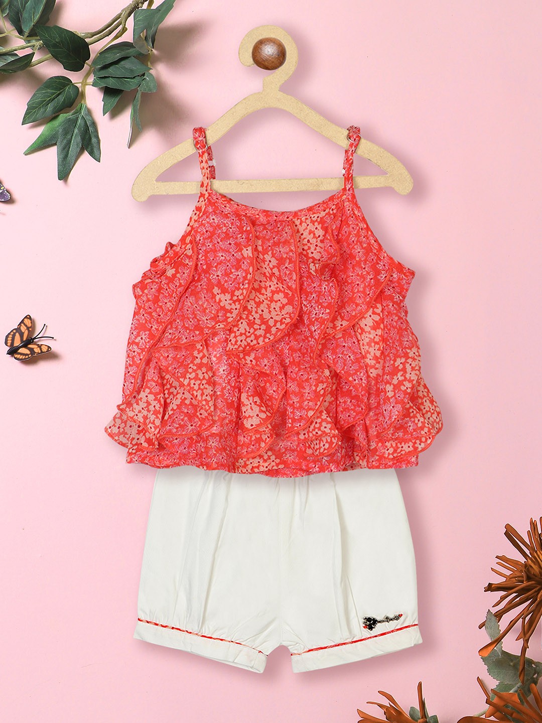

Nauti Nati Girls Printed Ruffled Top with Shorts, Red