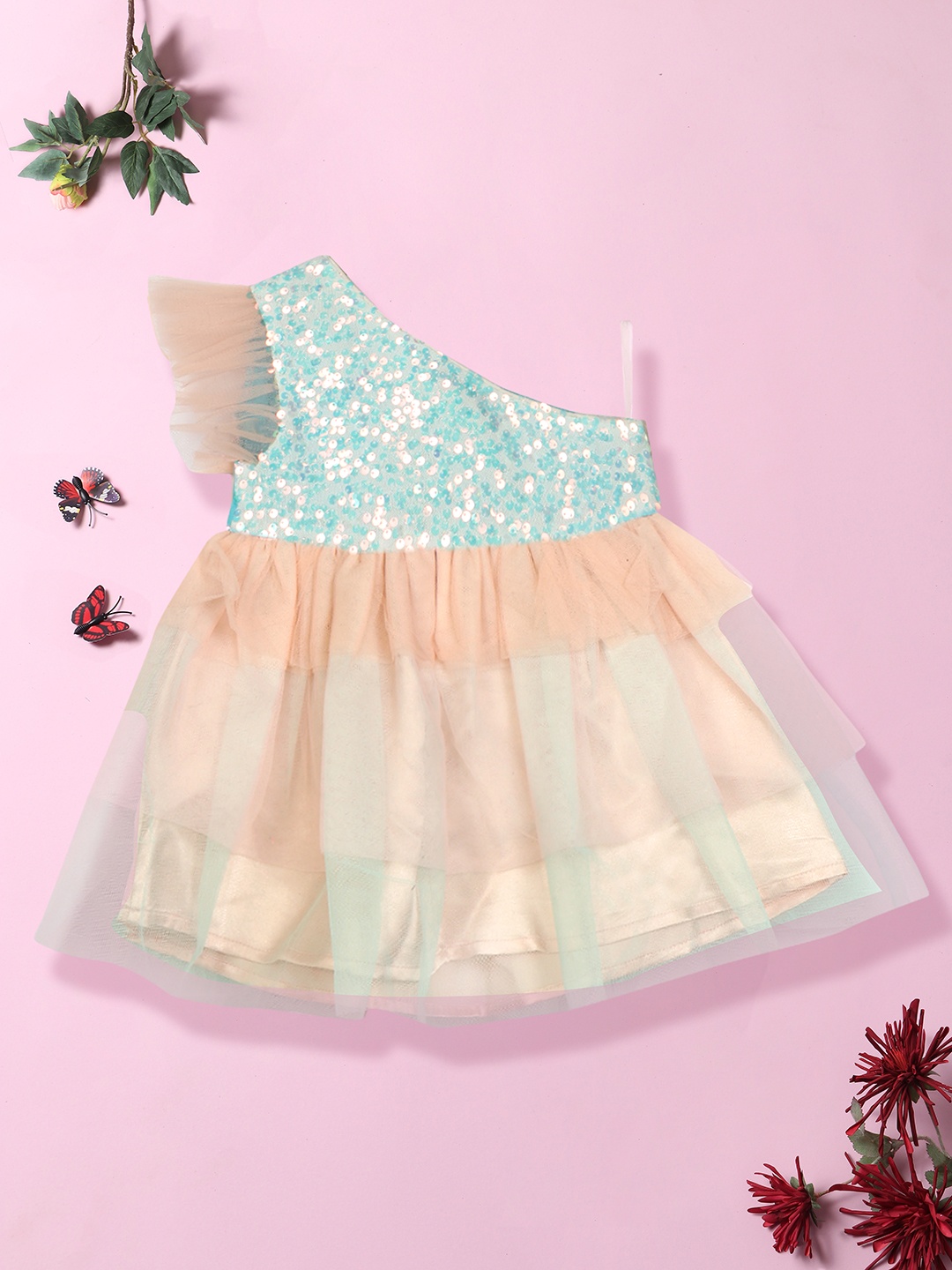

Nauti Nati Girls Embellished Sequined Layered Net Fit & Flare Dress, Pink
