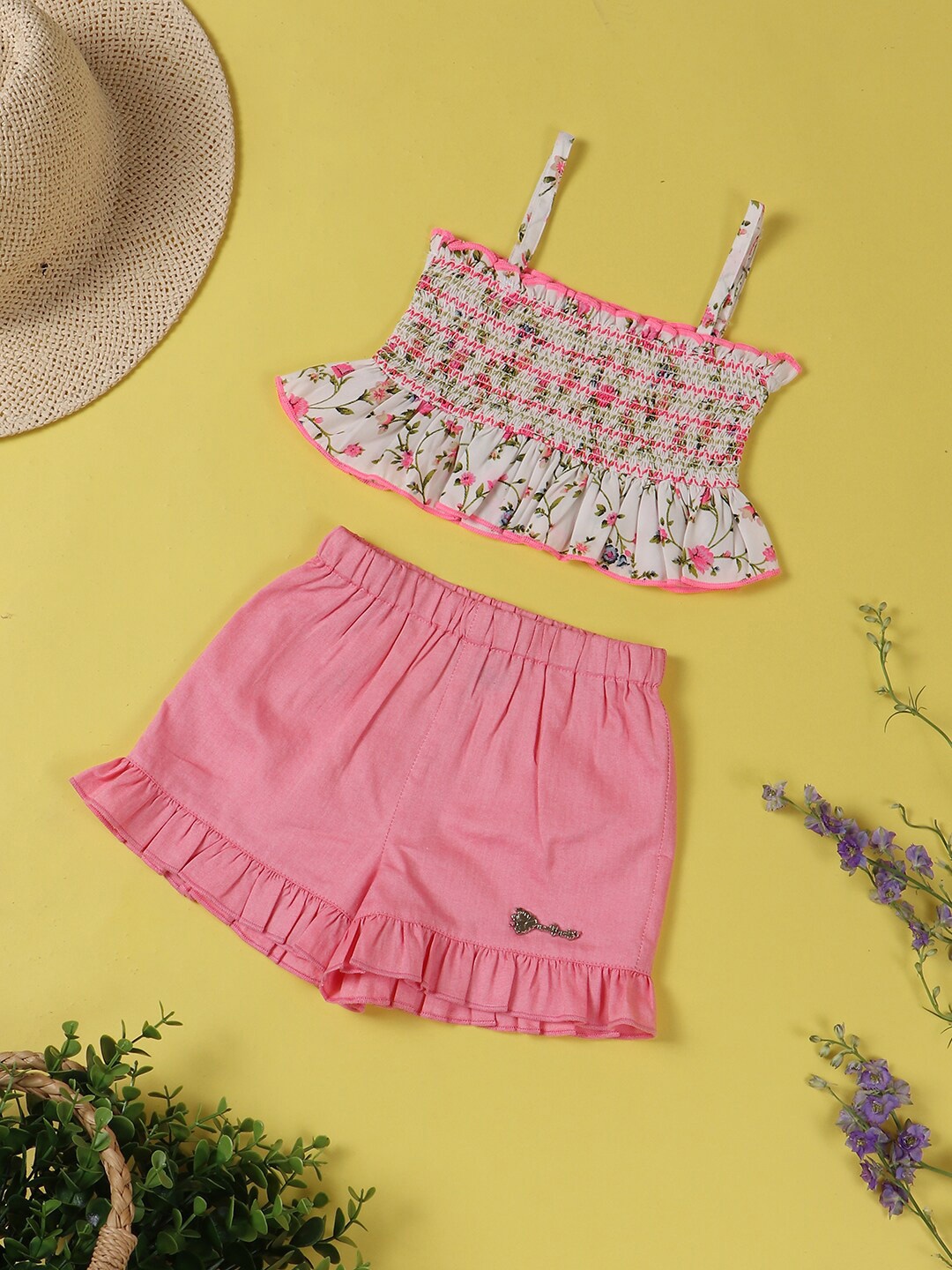 

Nauti Nati Girls Printed Smocked Top with Shorts, Off white