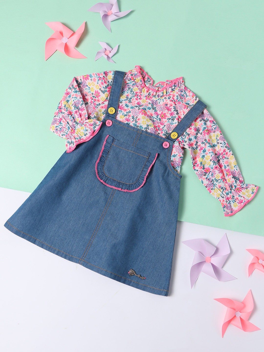

Nauti Nati Girls Denim Pinafore Dress With Floral Print Top, Blue