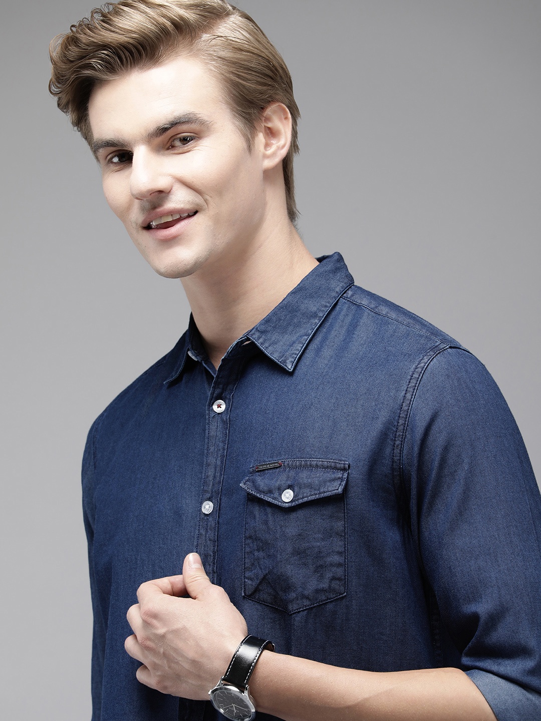 

THE BEAR HOUSE Men Slim Fit Opaque Denim Casual Shirt, Blue