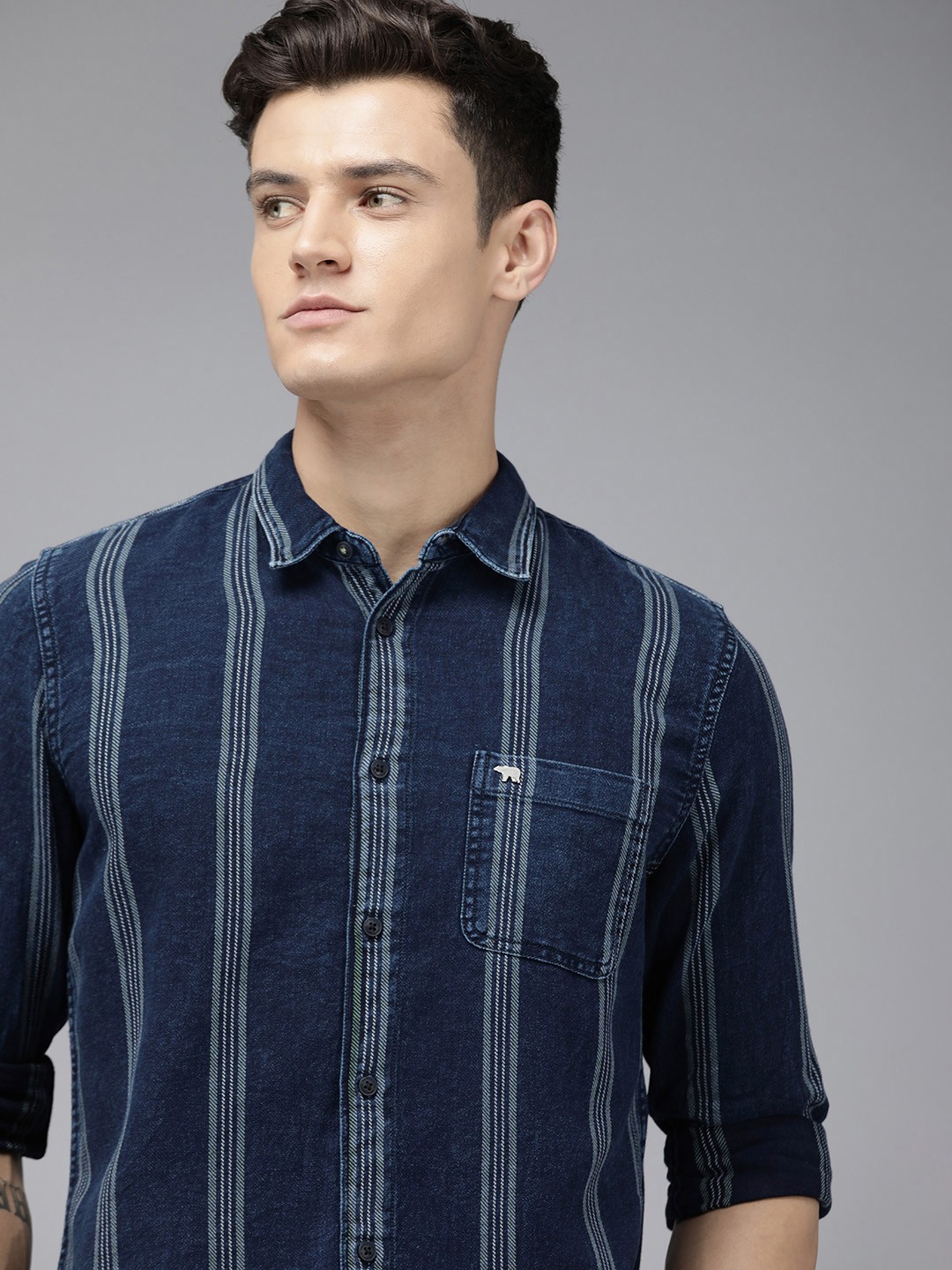 

THE BEAR HOUSE Men Slim Fit Opaque Striped Pure Cotton Casual Shirt, Navy blue