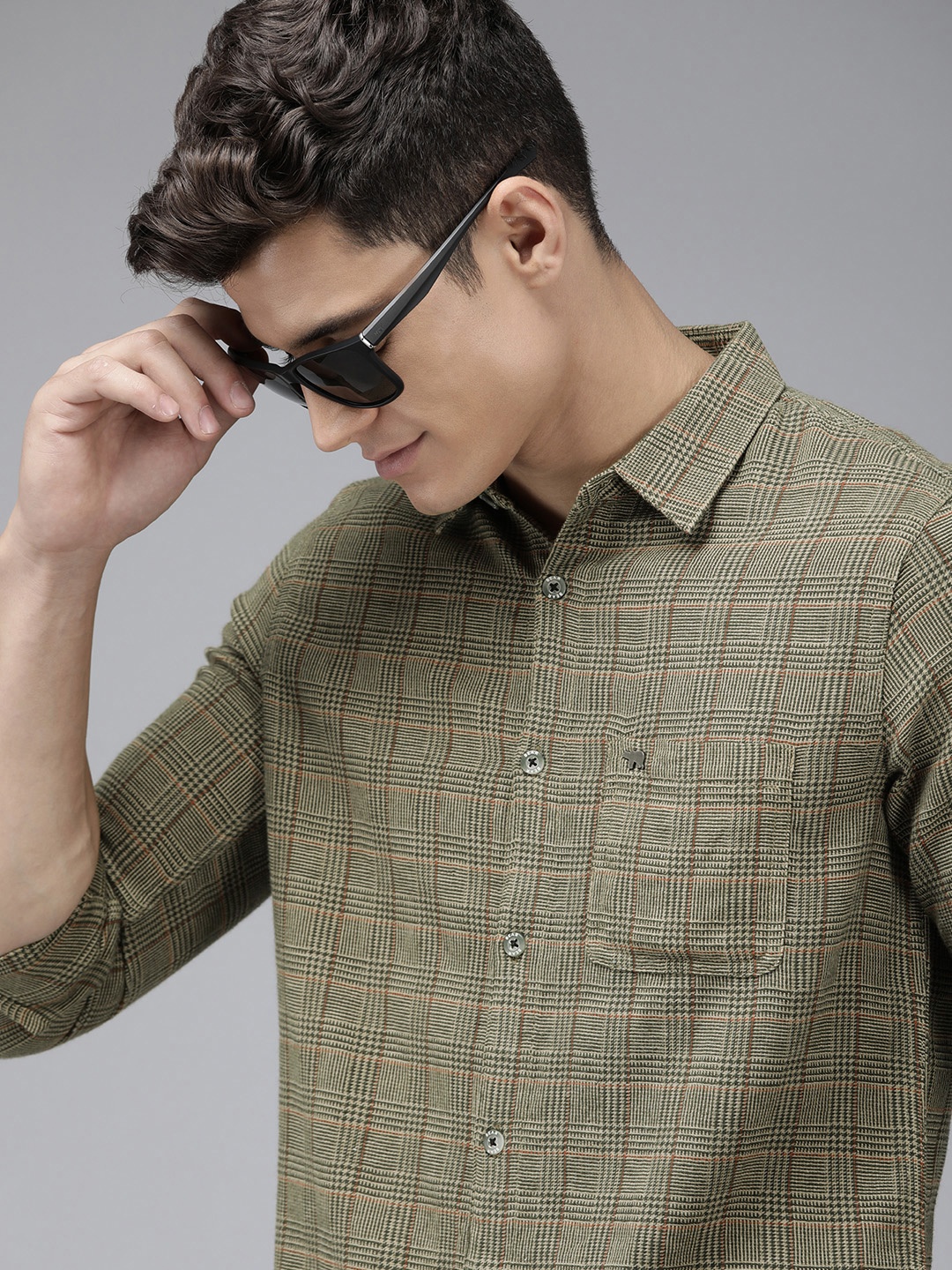 

THE BEAR HOUSE Men Slim Fit Checked Pure Cotton Casual Shirt, Brown