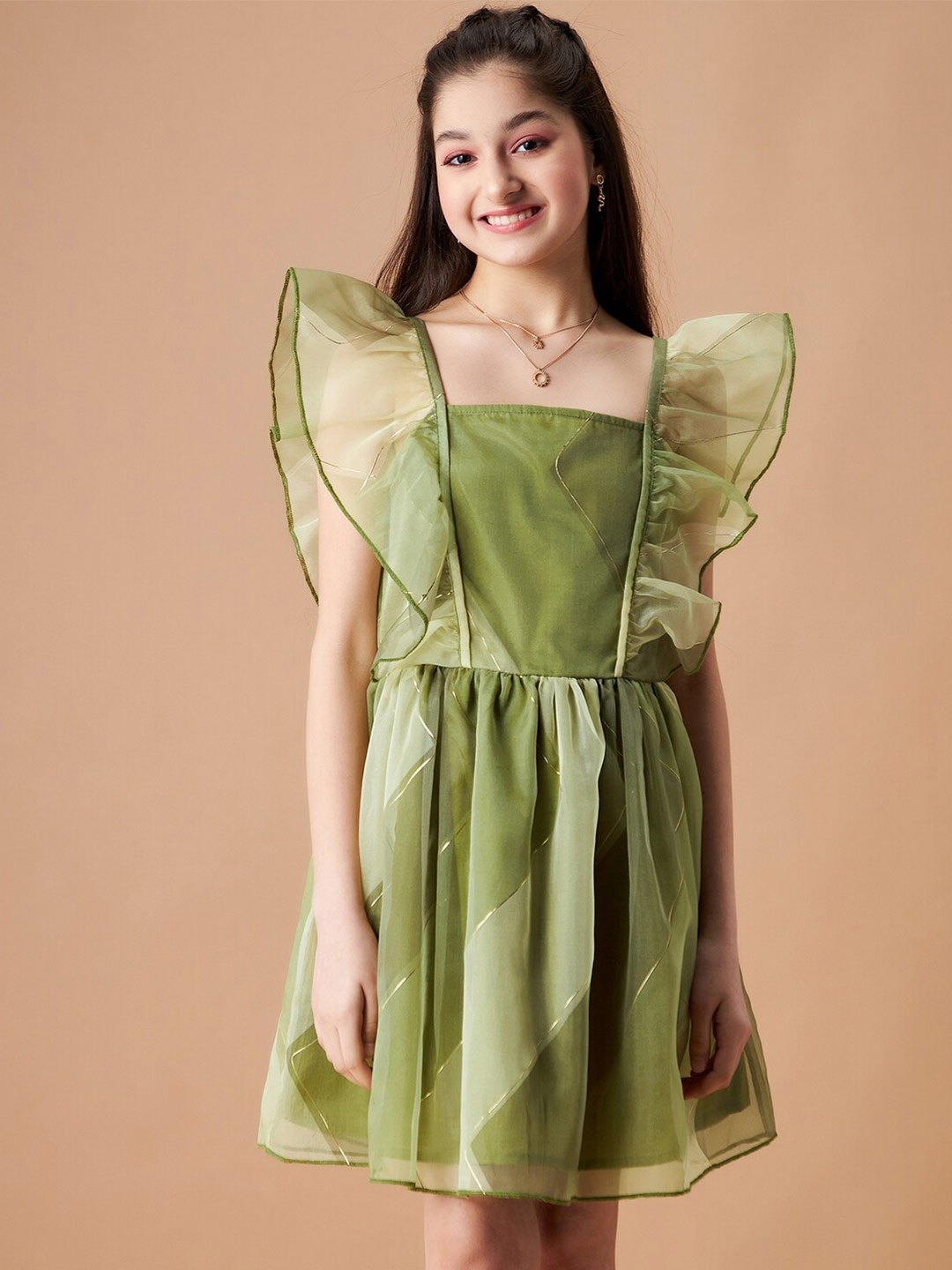 

Cherry & Jerry Girls Flutter Sleeve Ruffled Fit & Flare Dress, Green