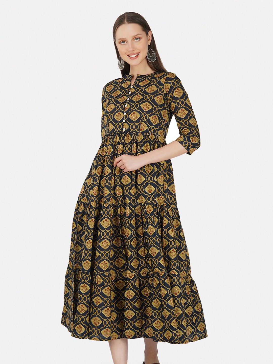 

GULAB CHAND TRENDS Ethnic Motifs Printed Mandarin Collar Cotton Fit & Flare Ethnic Dress, Blue