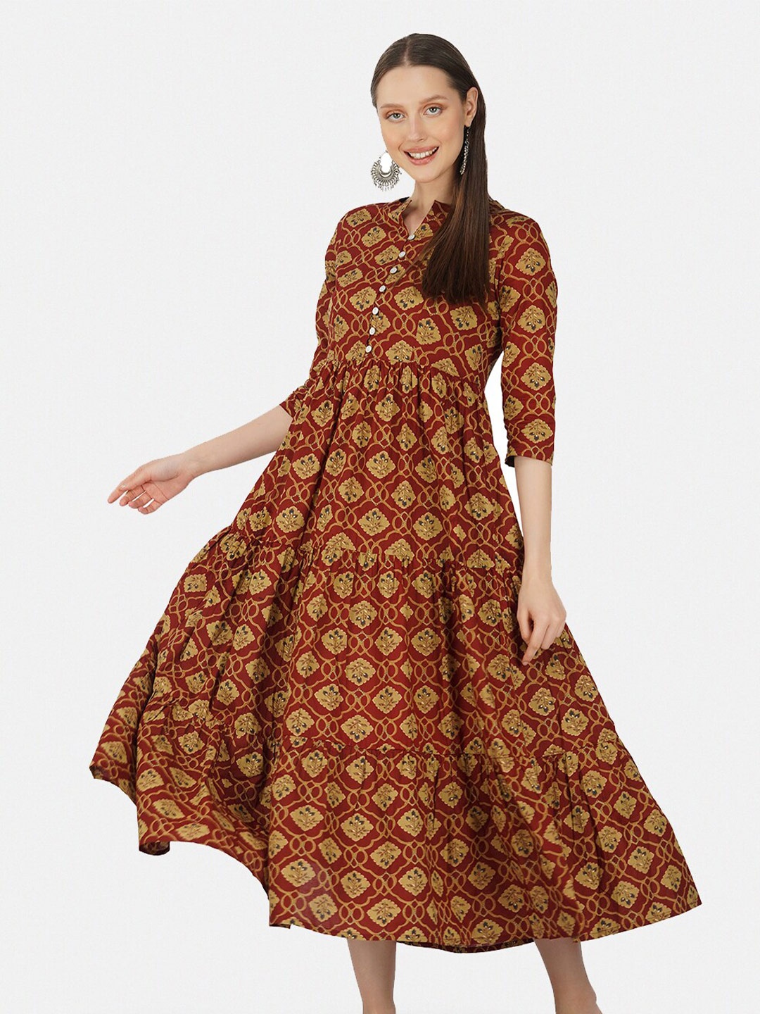 

GULAB CHAND TRENDS Ethnic Motifs Printed Mandarin Collar Cotton Fit & Flare Ethnic Dress, Maroon