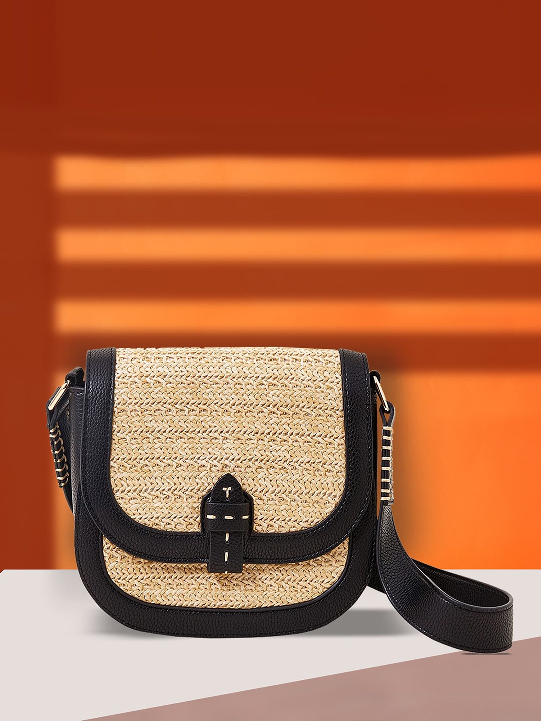 

Accessorize London Faux Leather Textured Structured Raffia Flap Sling Bag, Black