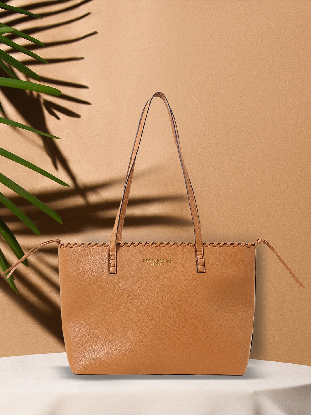 

Accessorize London Faux Leather Textured Whipstitch Structured Tote Bag, Tan