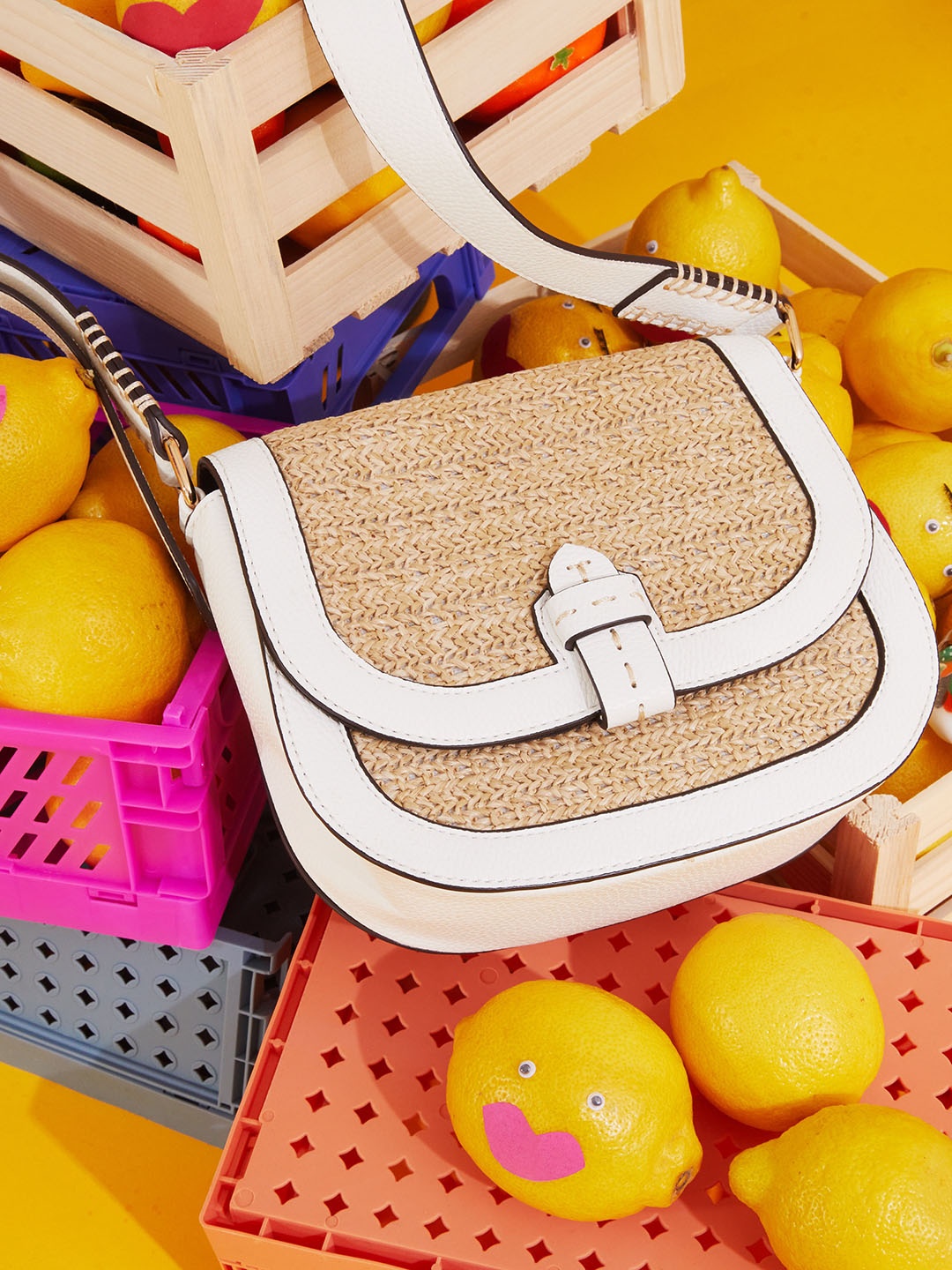 

Accessorize London Faux Leather Textured Structured Raffia Flap Sling Bag, White