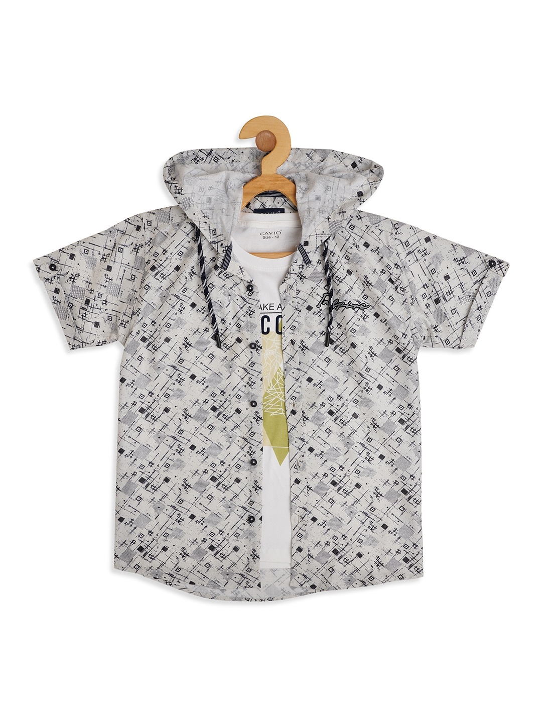 

CAVIO Boys Comfort Fit Geometric Printed Hooded Opaque Casual Shirt With Printed T-shirt, Off white